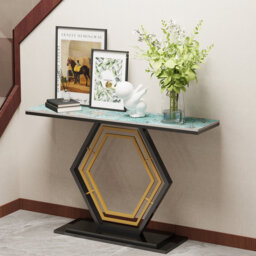 High Gloss Marble Console Table Sintered Stone Luxury Modern Hallway Table With Geometric Golden And Black Base Pedestal For Foyer Decor