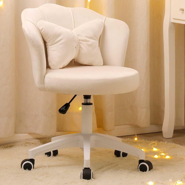 Cute Petal Desk Chair Velvet Vanity Chair With Bow Cushion, Butterfly Office Chairs For Bedroom Computer Task Chairs With Back