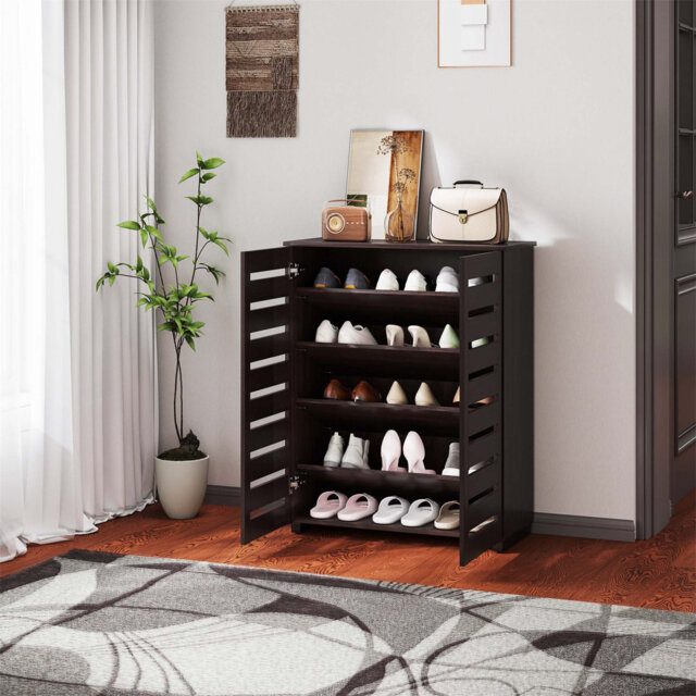 Slim Shoe Storage Cabinet With Adjustable Shelves And 2 Slatted Doors