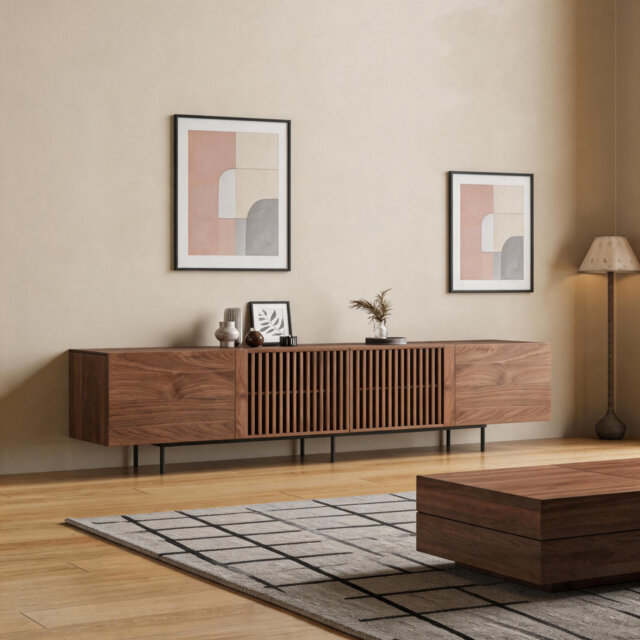 "Retro-style TV Unit with Cable Ports, 4 Storage Doors - Suitable for 85""+ TVs - Ideal for Living Rooms, Bedrooms & Apartments - Walnut Finish with Re"