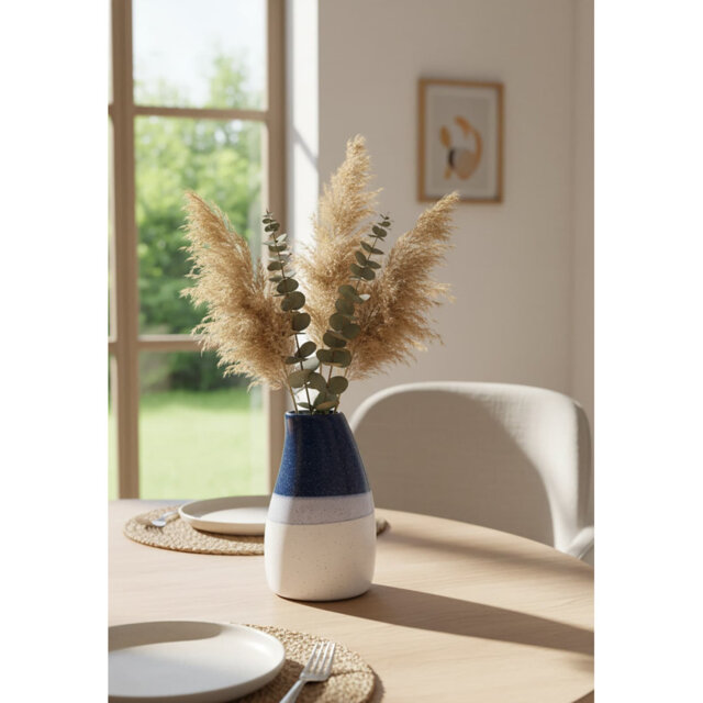 "5.9"" Handmade Blue & White Glazed Ceramic Vase - Modern Asymmetrical Home Table Centerpiece (18oz/500ml)"