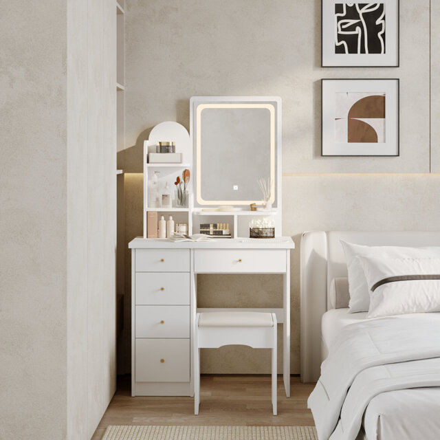 Dressing Table & Stool Set with 3 Colours LED Lights Mirror, Makeup Table with Ottoman & 5 Drawers, Large Storage Space Vanity Desk for Bedroom Furnit