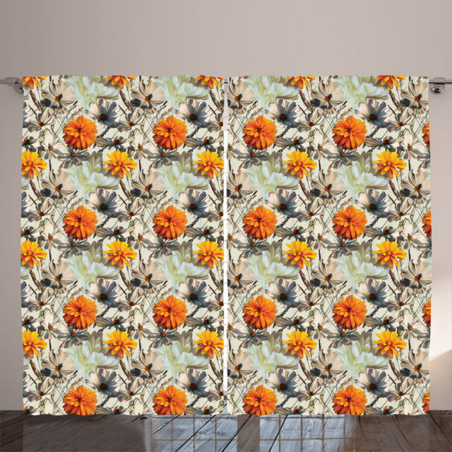 Rustic curtain, retro garden flower petals, flowery, marigold ivory eggshell colors