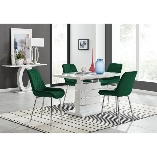 Renne Modern High Gloss Extendable Dining Table Set With 4 Luxury Velvet Dining Chairs
