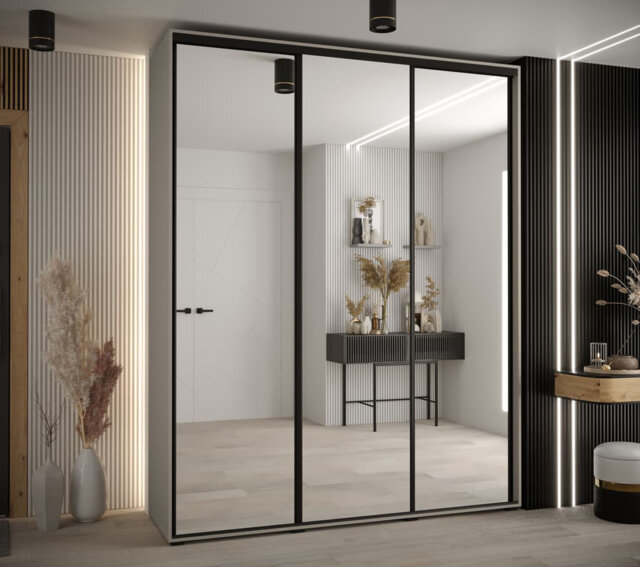 Dakota II Sleek Cashmere Mirrored Door Wardrobe with Three Sliding Doors, Two Hanging Rails, and Ten Shelves