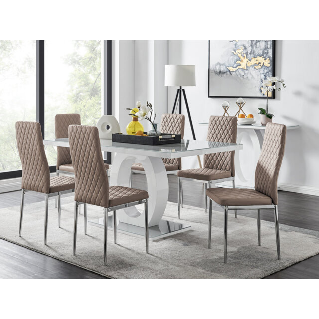 Scottsmoor High Gloss Halo Dining Table Set & 6 Luxury Faux Leather Dining Chairs - Modern Design