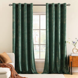Dark Green Velvet Curtains Eyelet with Gold Foil,2 Panel 117 x 229 cm Thermal Blackout Curtain