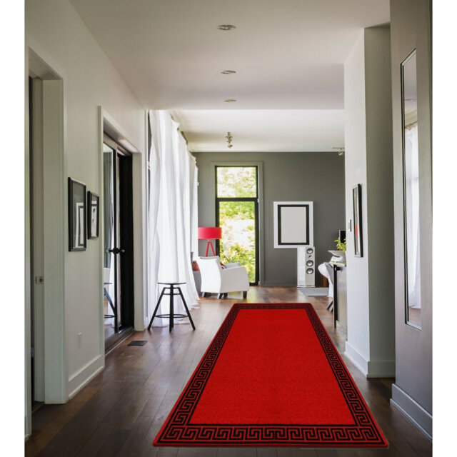 Plain Rug with Greek key Bordered Gel backed Rug Alyne Red/Black Rug