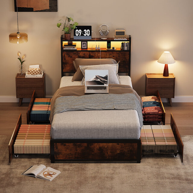 Single Bed Frame With 2-Tier Storage Headboard, Metal Platform Bed Frame With 4 Storage Drawers, Built In Charging Station And LED, Metal Support/No B