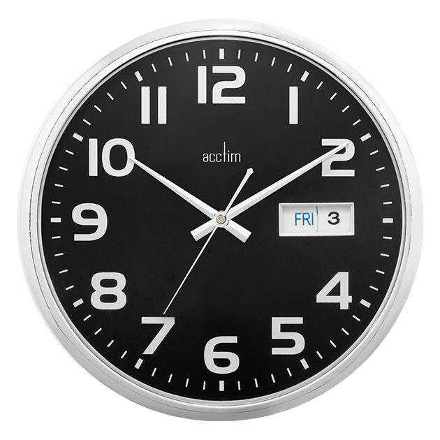Acctim Supervisor Wall Clock Quartz Chromed Case Date / Day Display Easy Read Numbers Black 32cm