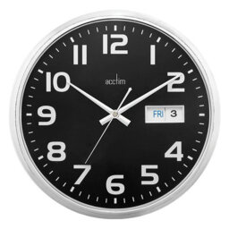 Acctim Supervisor Wall Clock Quartz Chromed Case Date / Day Display Easy Read Numbers Black 32cm