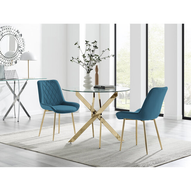 Bernell Glass And Chrome Metal 2 Seat Round Dining Set With Luxury Velvet Dining Chairs