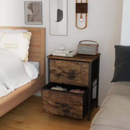 Bedside Table With 2 Non-Woven Fabric Drawers, Steel, MDF, For Bedroom, Side Table, Rustic Brown And Ink Black