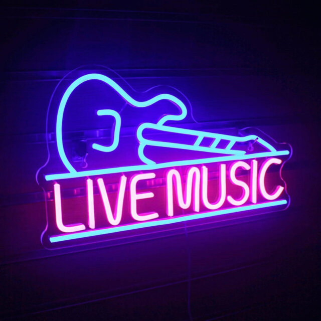 Neon Sign Guitar Shaped Light Up Sign For Wall Decor, Blue Pink, 24 X 42Cm