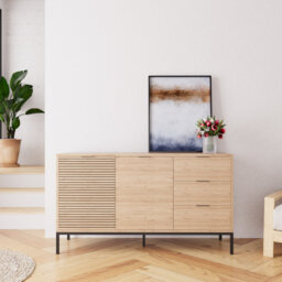 Alya Lined Sideboard Cabinet 140 cm - Modern Storage Sideboard with 3 Drawers & 2 Doors, Oak Effect