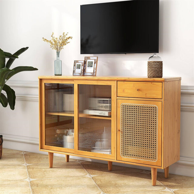 Buffet Storage Cabinet, Bamboo Kitchen Sideboard With 2 Tempered Glass Sliding Doors, Rattan Door, Drawer And Non-Slip Mat