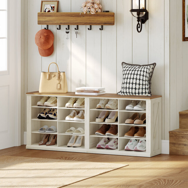 Shoe Bench, Storage Bench Rack with 16 Compartments,Adjustable Shelves, Shoe Cabinet Storage for Hallway, Living Room, Bedroom, 28.7 x 104 x 58 cm, Wh