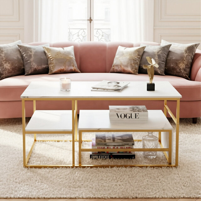 105Cm Modular Coffee Table Set (Set Of 2), Nesting C-Table With Multi-Level Shelves, Wood Grain, Gold & Black