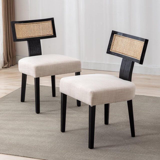 Amealia Upholstered Dining Chairs Solid Wood Frame With Rattan Backest Side Chair