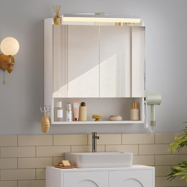Bathroom Mirror Cabinet with LED Lights, Bathroom Wall Cabinet with Plug, Bathroom Cabinet, 2 Doors and Open Storage, Adjustable Shelf, Hair Dryer Hol