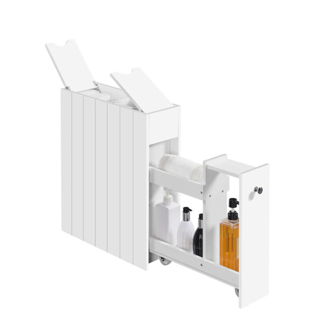Slim Bathroom Floor Cabinet, Drawer & Slide Out Shelf, Freestanding Storage Unit on Wheels, White
