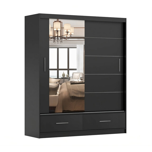 Charlesa Matt Black Mirrored Sliding Door Wardrobe 150cm - Functional Storage