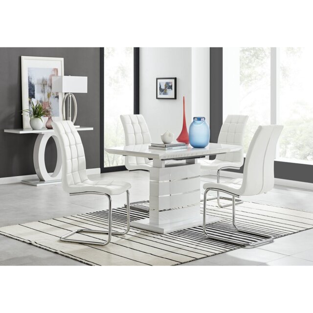 Renne Modern High Gloss Extendable Dining Table Set With 4 Modern Faux Leather Dining Chairs