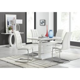 Renne Modern High Gloss Extendable Dining Table Set With 4 Modern Faux Leather Dining Chairs