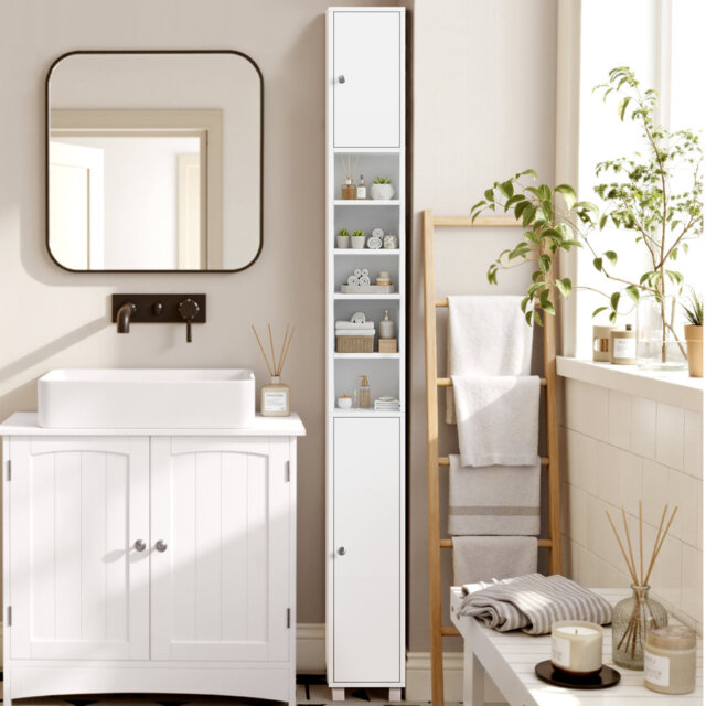 Narrow Linen Freestanding Bathroom Cabinet with Adjustable Shelf