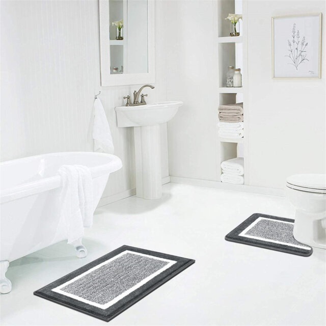 2 Pieces Bath Rug Set Bathroom Mats Set & U-Shaped Toilet Rug Non Slip Shower Shaggy Floor Mats Machine Washable Bath Rug For Bathroom