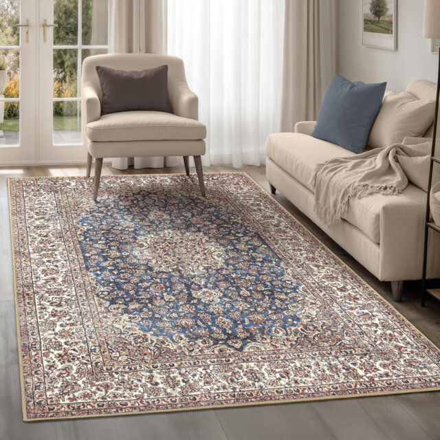 Machine Washable Rug, 122x170cm, 75% Recycled Cotton, Non-Slip, Non-Shedding, for Living Room, Bedroom, Office