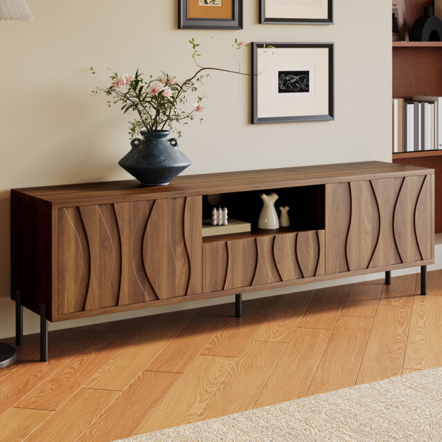 160cm Modern Wave-Door TV Cabinet, Double Doors, Flip Doors & Cable Openings