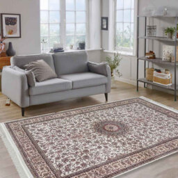 Minyatur White & Cream Medallion Area Rug – Low-Pile 100% Viscose Traditional Carpet for Living Room, Bedroom & Entryway