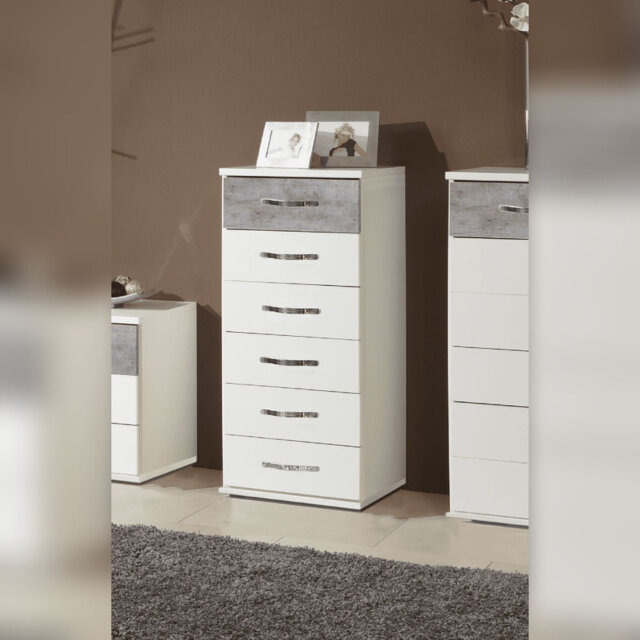 Compact Concrete Grey And White 6 Drawer Narrow Chest Of Drawers Stylish Bedroom Storage