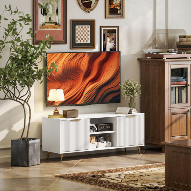 HOMCOM TV Stand for TVs up to 55 Inch Modern Fluted Storage Cabinets White