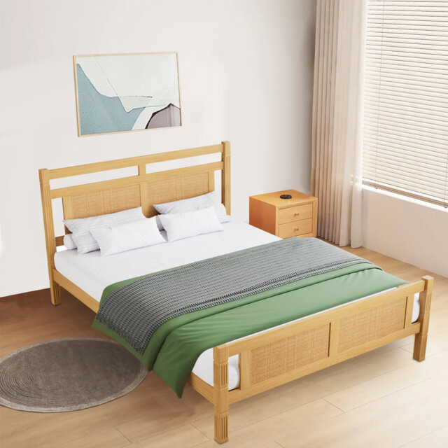 Double Wooden Bed with Natural Rattan Accent - Sturdy Pine+MDF+Plywood Construction,Ideal for Small Spaces
