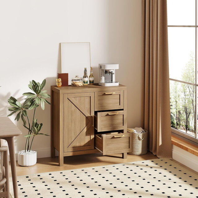 "35.4"" Modern Farmhouse Sideboard Buffet Cabinet, Coffee Bar Storage with Doors, Drawers & Adjustable Shelf for Kitchen, Dining & Living Room, Rustic B"