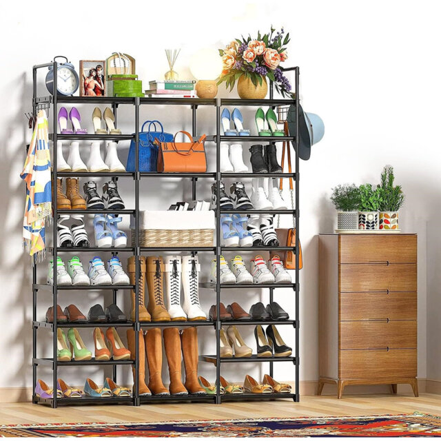 9 Tier Metal Shoe Rack,For 50-55 Pair Shoe Boot Storage,Adjustable With Side Hooks,Black