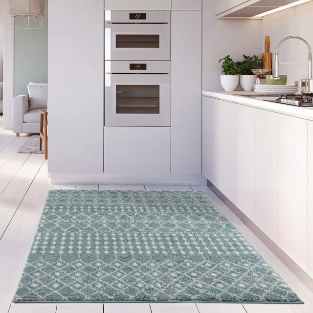 Moroccan Shaggy Collection Rugs Tangier Design in Duck Egg Blue/Ivory