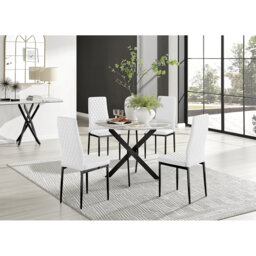 Tierra Modern Chrome Metal & Glass Round Dining Table Set with 4 Quilted Faux Leather Chairs
