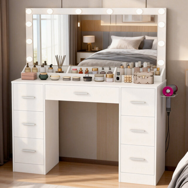 Dressing Table With Large Mirror And 12 Led Lights, Vanity Desk With 7 Drawers & Hairdryer Holder, Vanity Table Makeup Desk For Women, Girls, 3 Lighti