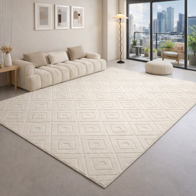 Modern Cream Hollow Square Geometric Rug Soft Indoor Living Room Carpet