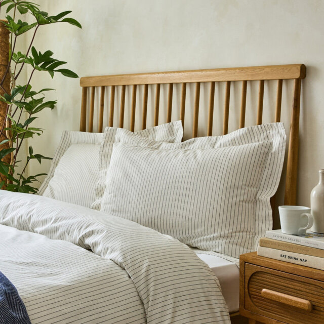 Argonia Linen Cotton Blend Oxford Border Pillowcase Pair with Charcoal Grey Pinstripe