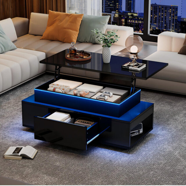 Highgloss Lift-top Coffee Table With 1 Drawers And Led Black