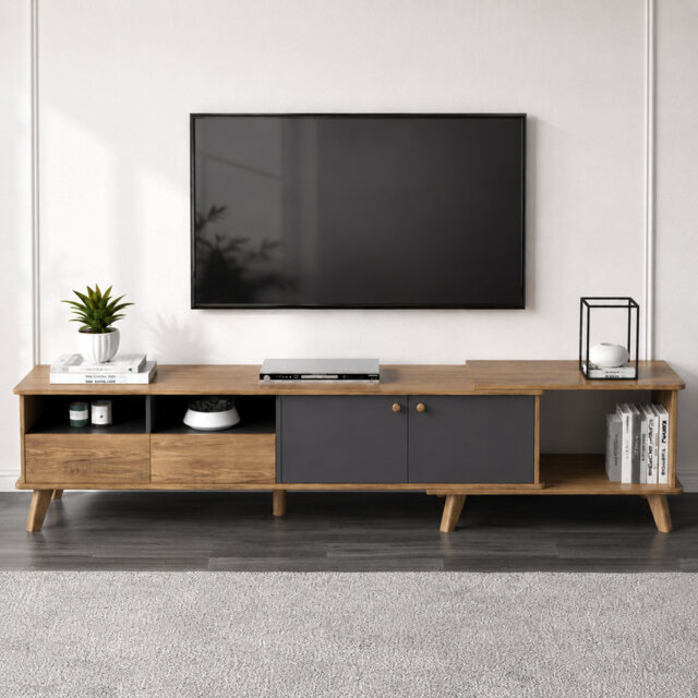 Expandable Tv Stand 165-205cm For 50-80 Inch Tv, Wooden Extendable Tv Unit With Storage, Oak & Grey Living Room Cabinet
