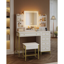 Dressing Table, Vanity Makeup Table With Soft Stool, Hd Mirror And Adjustable Led Lights, Socket And Usb, 5 Drawers, Open Storage Compartment,  Luxury