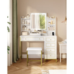 Dressing Table, Vanity Makeup Table With Soft Stool, Hd Mirror And Adjustable Led Lights, Socket And Usb, 5 Drawers, Open Storage Compartment