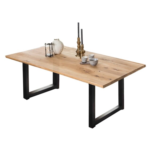 Meadow Oak Solid Wood Top Metal Base Dining Table