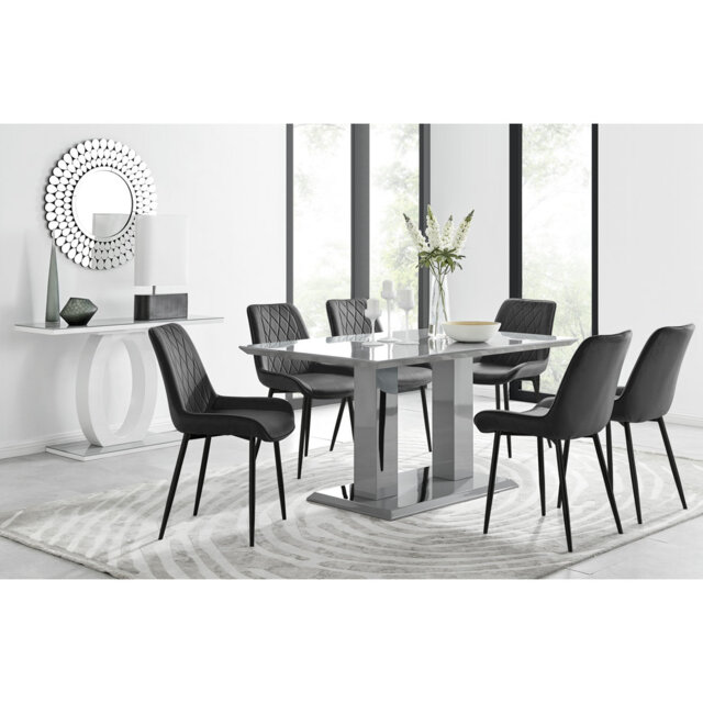Edzard Double Pedestal High Gloss Dining Table Set with 6 Luxury Velvet Dining Chairs