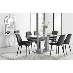 Edzard Double Pedestal High Gloss Dining Table Set with 6 Luxury Velvet Dining Chairs